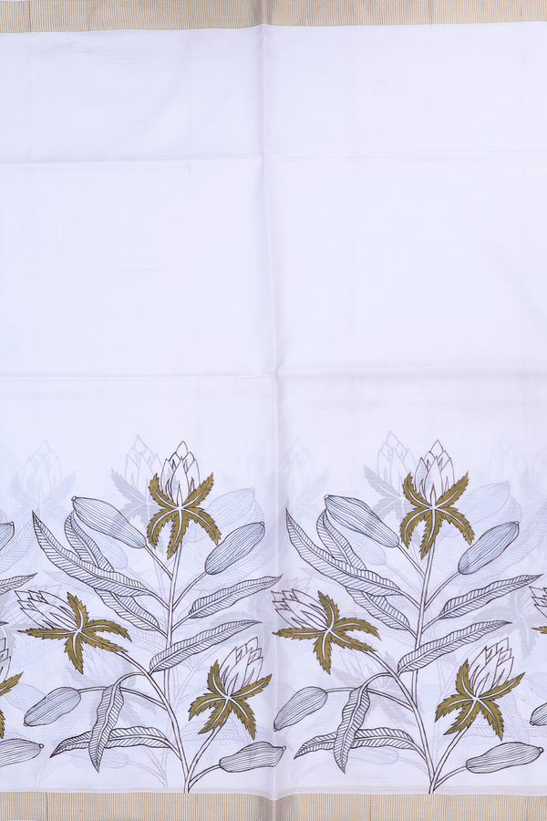 Kanchipuram Silk Saree In White With Hand Painted Border