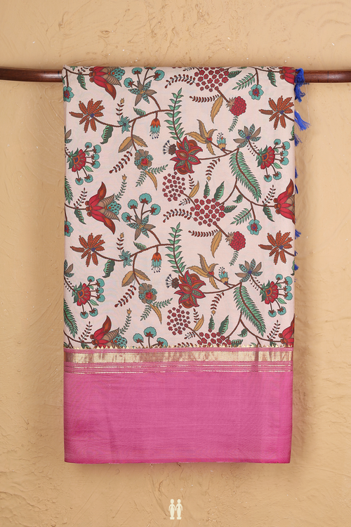 Kanchipuram Silk Saree In Cream Color With Floral Design