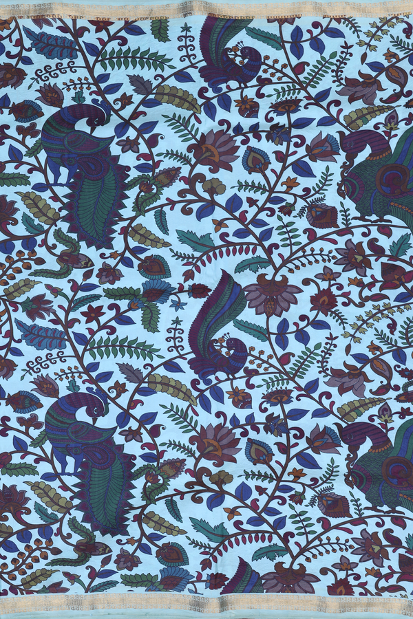 Kanchipuram Silk Saree Blue With Peacock And Floral Design