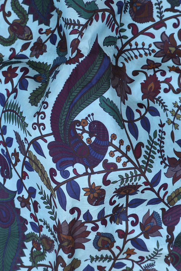 Kanchipuram Silk Saree Blue With Peacock And Floral Design