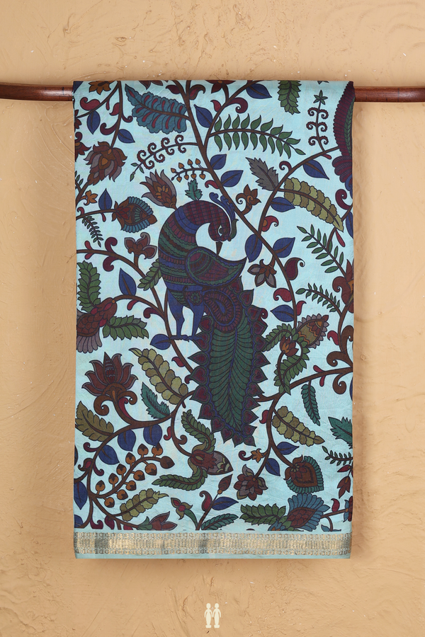 Kanchipuram Silk Saree Blue With Peacock And Floral Design