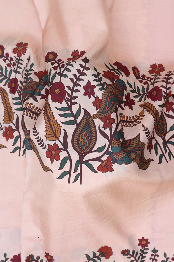Kanchipuram Silk Saree In Blush Orange Floral Peacock Design