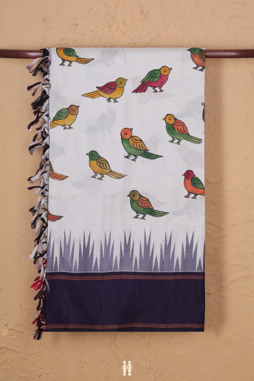 Kanchipuram Silk Saree In Off White With Hand Painted Design