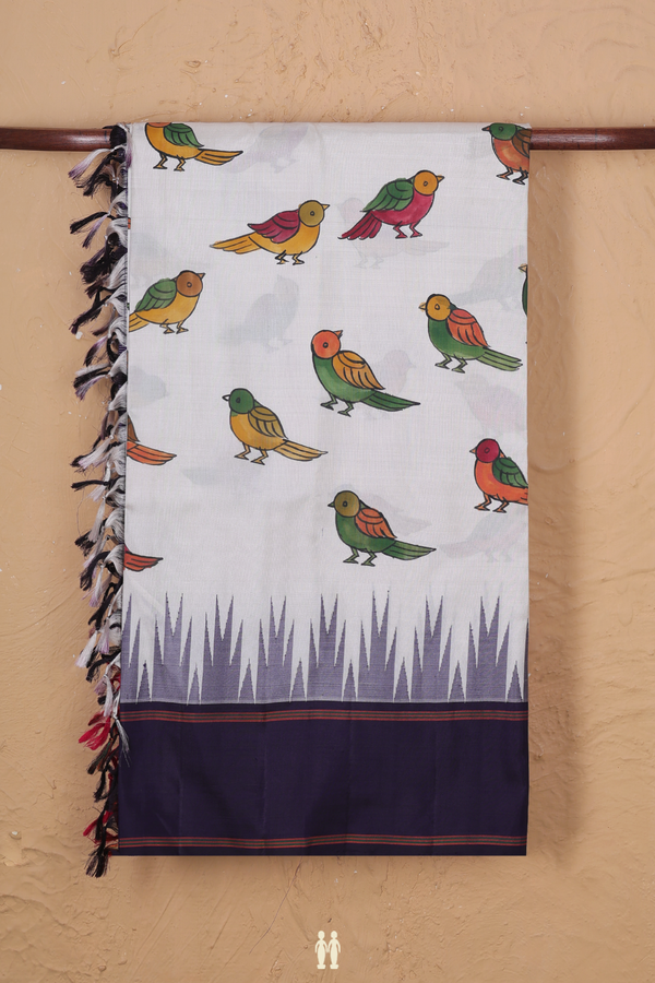 Kanchipuram Silk Saree In Off White With Hand Painted Design