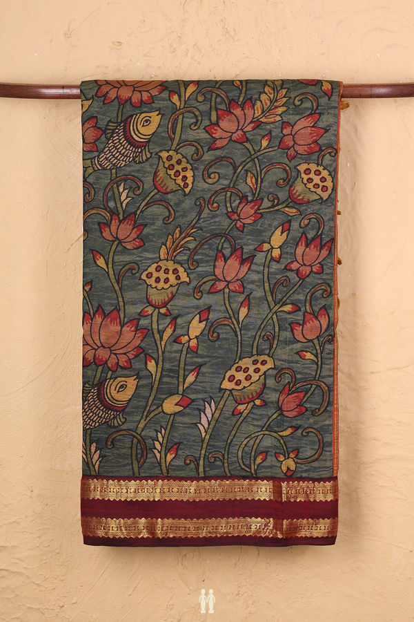 Kanchipuram Silk Saree Green With Floral Hand Painted Design