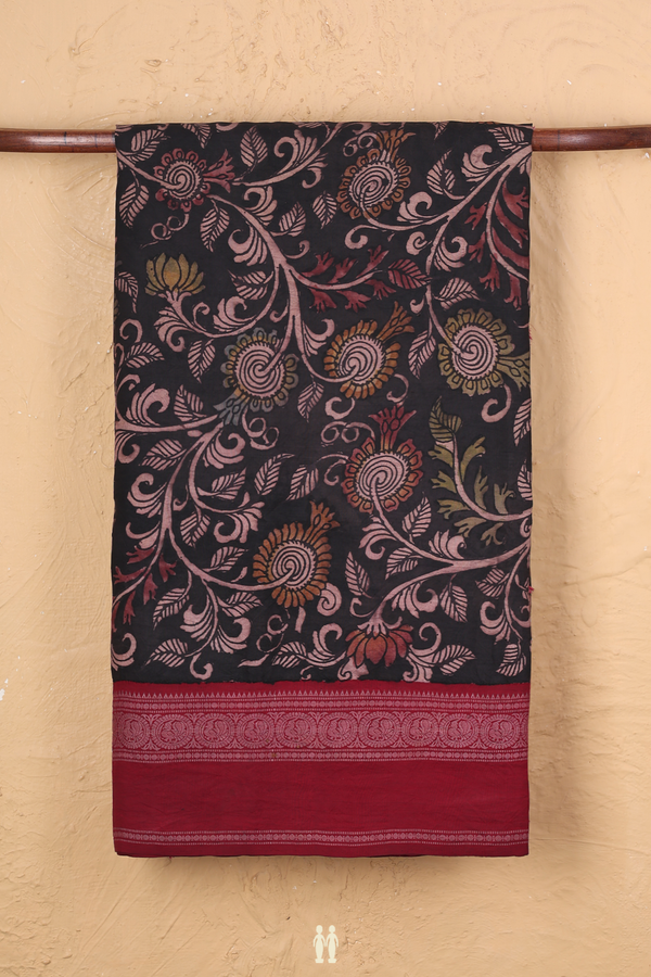 Kanchipuram Silk Saree Black With Floral Hand Painted Design