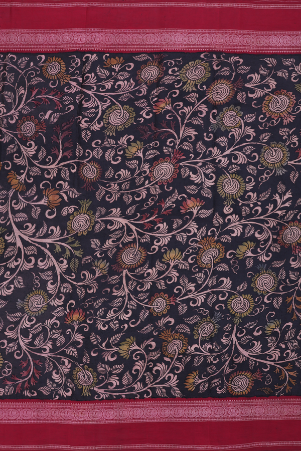 Kanchipuram Silk Saree Black With Floral Hand Painted Design