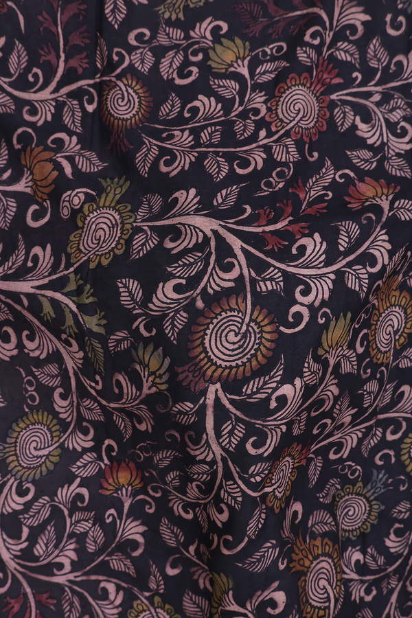 Kanchipuram Silk Saree Black With Floral Hand Painted Design