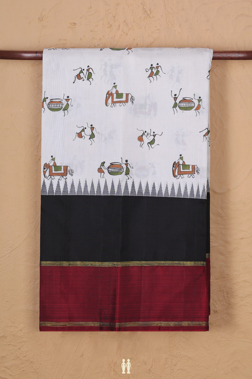 Kanchipuram Silk Saree In White With Warli Hand Painted Deisgn