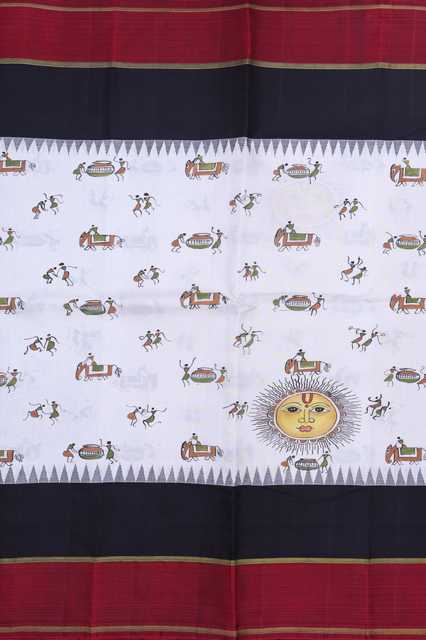 Kanchipuram Silk Saree In White With Warli Hand Painted Deisgn