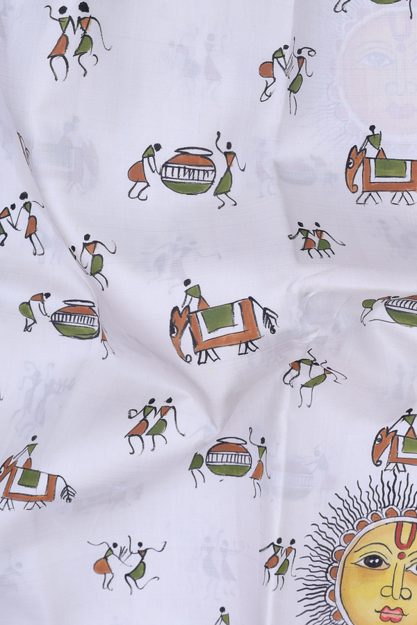 Kanchipuram Silk Saree In White With Warli Hand Painted Deisgn
