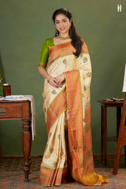 Kanchipuram Silk Saree In Light Brown With Hand Painted Design