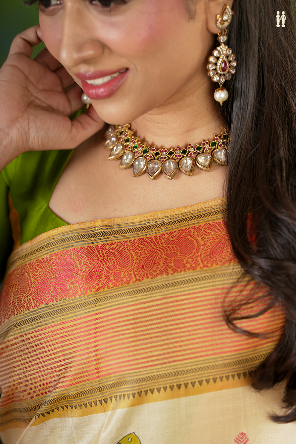 Kanchipuram Silk Saree In Light Brown With Hand Painted Design