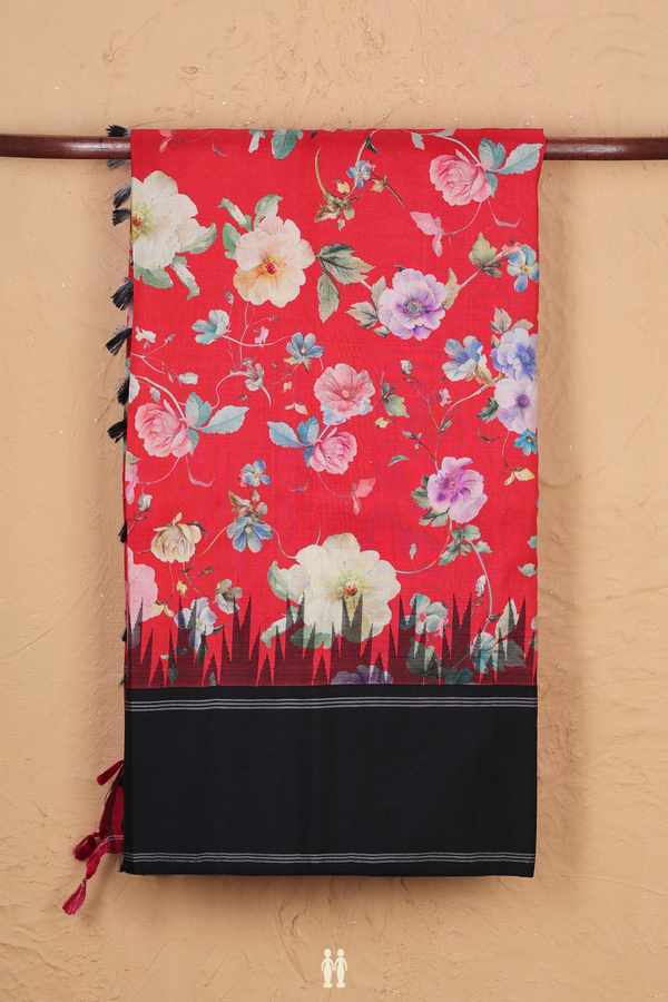 Kanchipuram Silk Saree In Scarlet Red With Floral Design