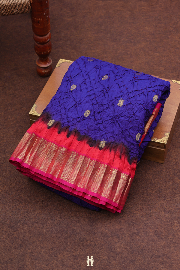 Bandhani Silk Saree In Royal Blue With Peacock Buttas