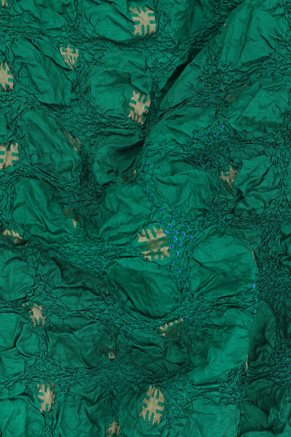 Bandhani Silk Saree In Emerald Green With Zari Buttas