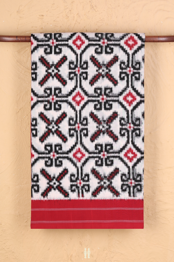 Pochampally Cotton Saree In White With Ikat Design