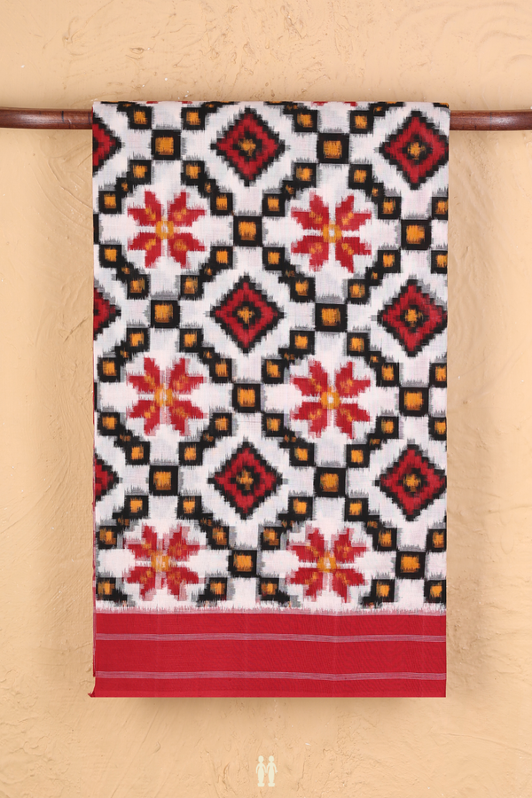 Pochampally Cotton Saree In White With Diamond Design