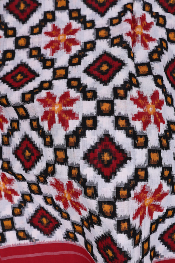 Pochampally Cotton Saree In White With Diamond Design