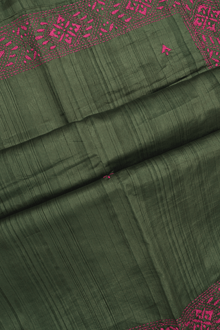 Hand Embroidered Design Dark Sage Green Semi Raw Silk Saree