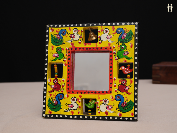 Hand Painted Wooden Mirror With Birds And Bells Design
