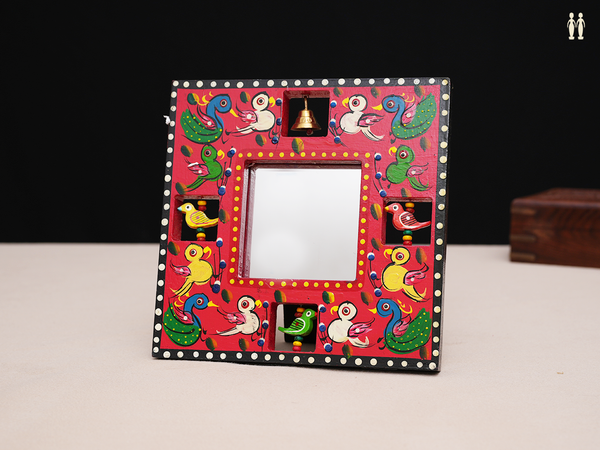 Hand Painted Wooden Mirror With Birds And Bells Design