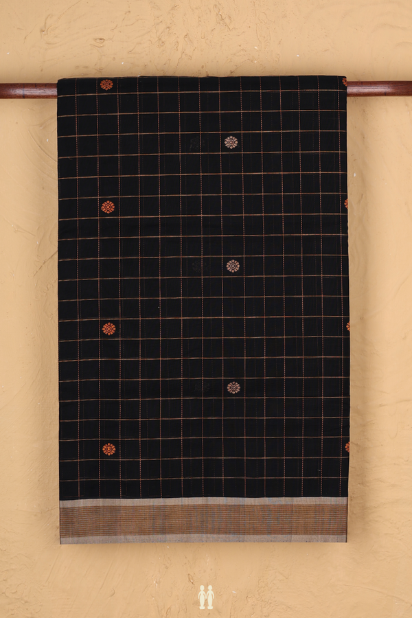 Handloom Cotton Saree In Black With Checks Design