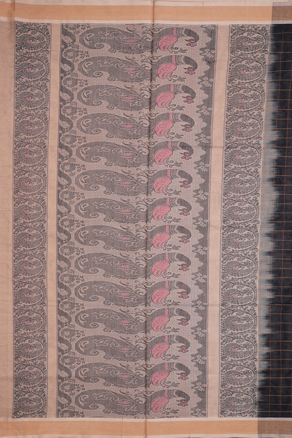 Handloom Cotton Saree In Black With Checks Design