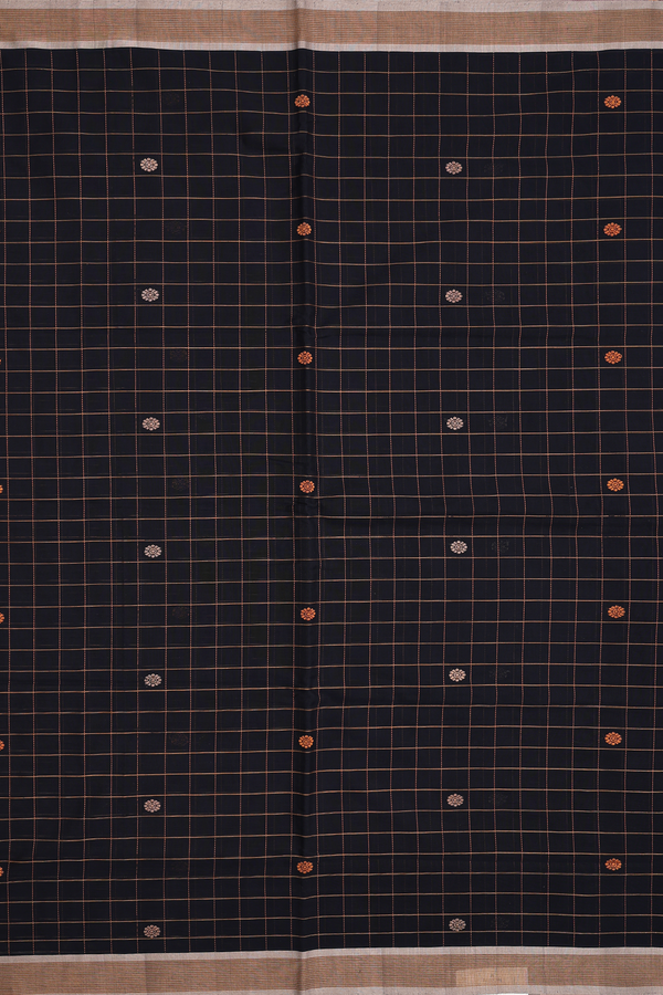 Handloom Cotton Saree In Black With Checks Design