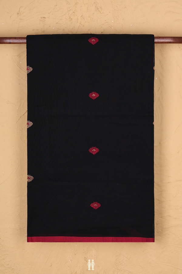 Handloom Cotton Saree In Black With Threadwork Buttas