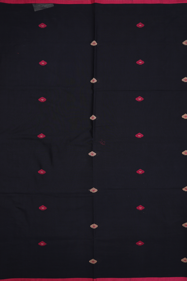 Handloom Cotton Saree In Black With Threadwork Buttas