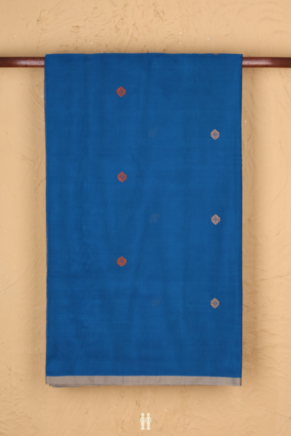 Handloom Cotton Saree In Blue With Floral Threadwork Buttas