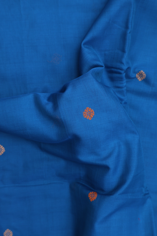 Handloom Cotton Saree In Blue With Floral Threadwork Buttas