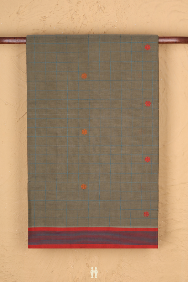 Handloom Cotton Saree In Cardamom Green With Checks Design