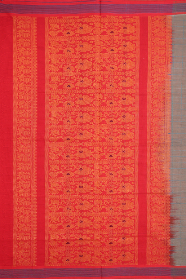 Handloom Cotton Saree In Cardamom Green With Checks Design
