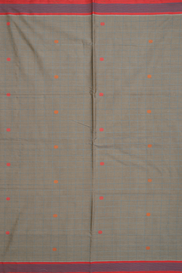 Handloom Cotton Saree In Cardamom Green With Checks Design