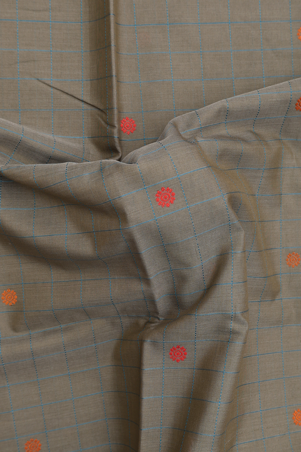 Handloom Cotton Saree In Cardamom Green With Checks Design