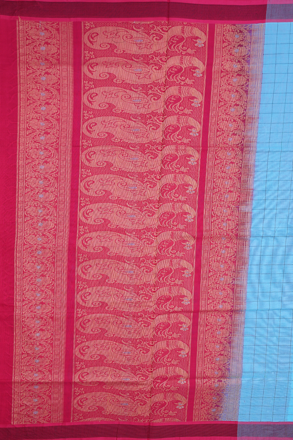 Handloom Cotton Saree In Deep Sky Blue With Checks Design