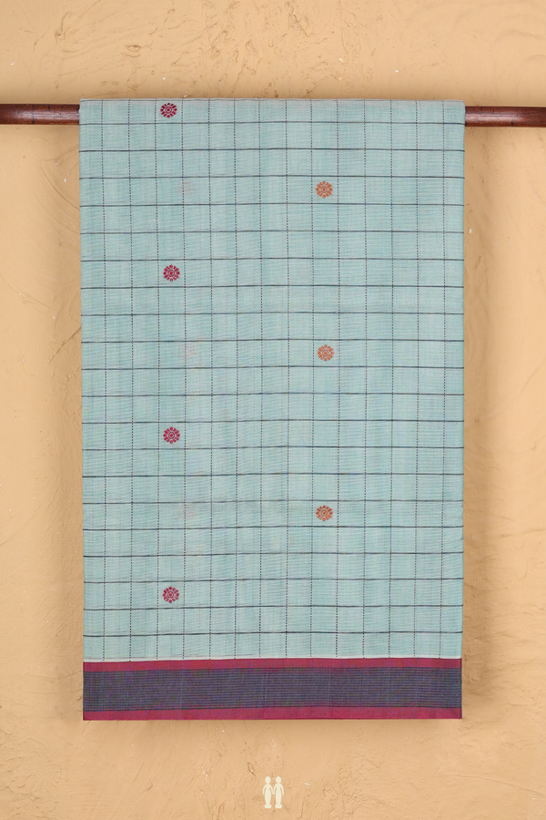 Handloom Cotton Saree In Dusty Green With Checks Design