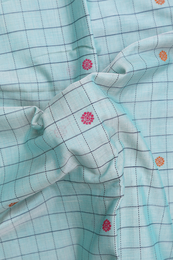 Handloom Cotton Saree In Dusty Green With Checks Design