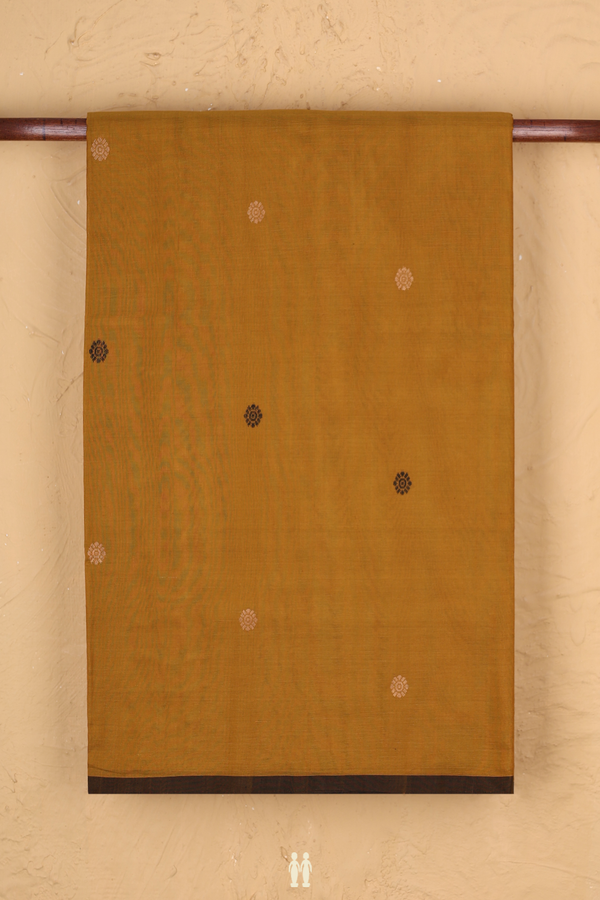 Handloom Cotton Saree In Golden Brown With Threadwork Buttas