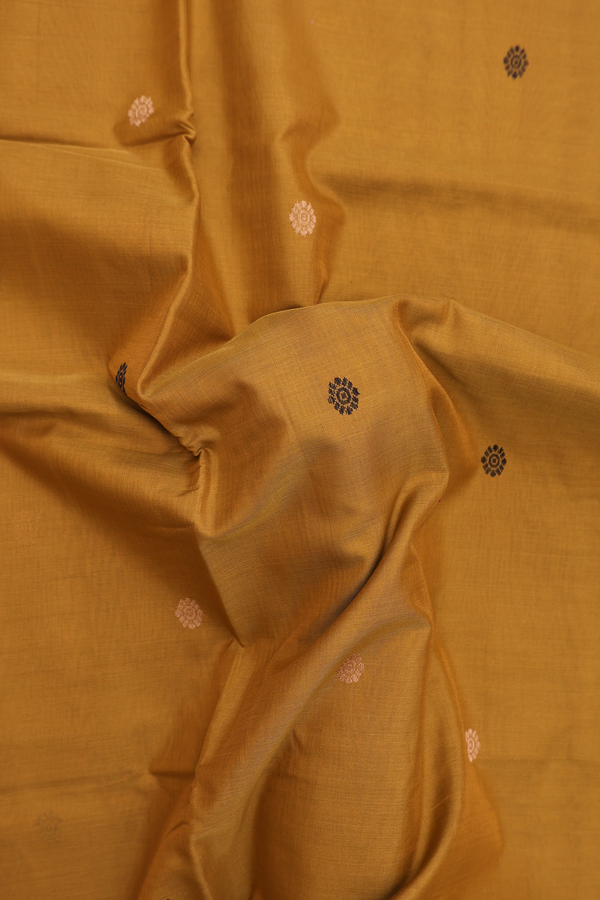 Handloom Cotton Saree In Golden Brown With Threadwork Buttas