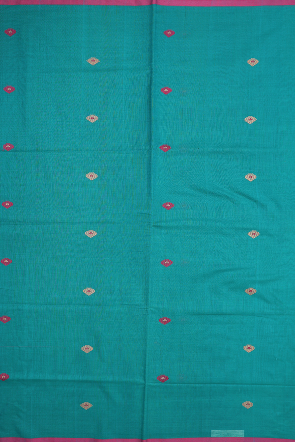 Handloom Cotton Saree In Green With Threadwork Buttas