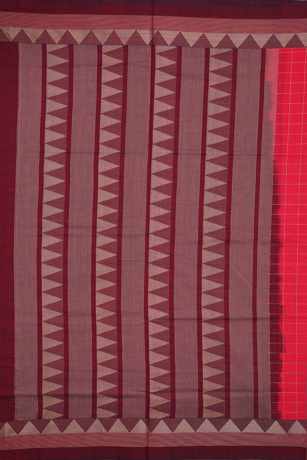 Handloom Cotton Saree In Red With Checks Design