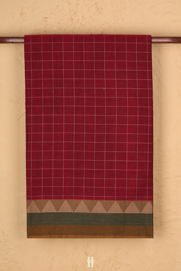 Handloom Cotton Saree In Ruby Red With Checks Design