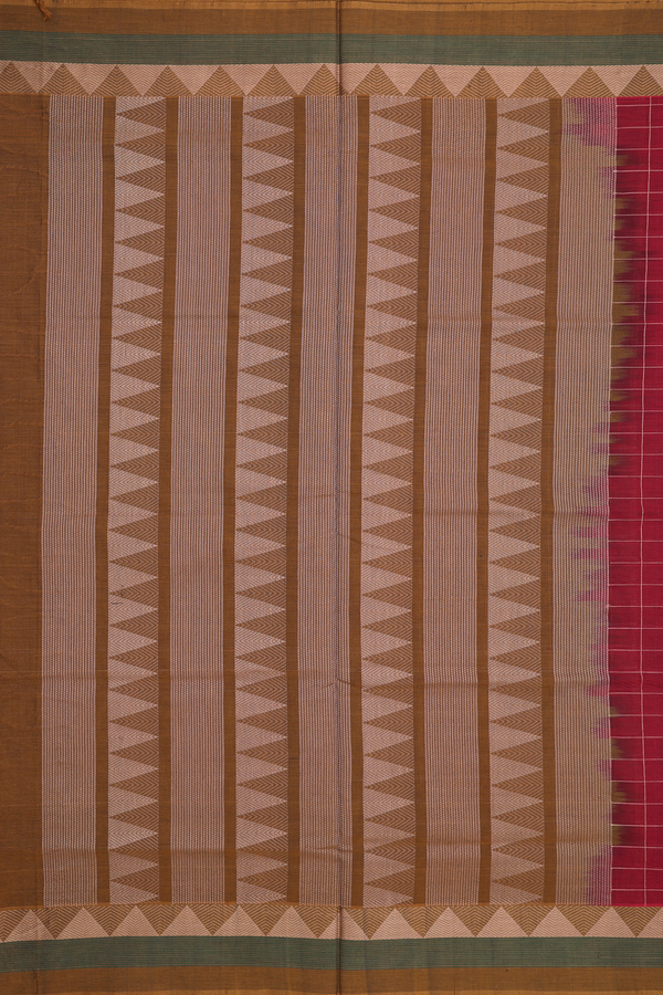 Handloom Cotton Saree In Ruby Red With Checks Design