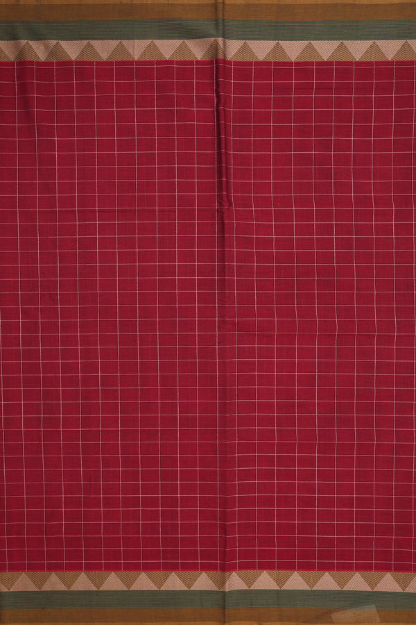 Handloom Cotton Saree In Ruby Red With Checks Design