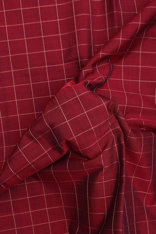 Handloom Cotton Saree In Ruby Red With Checks Design