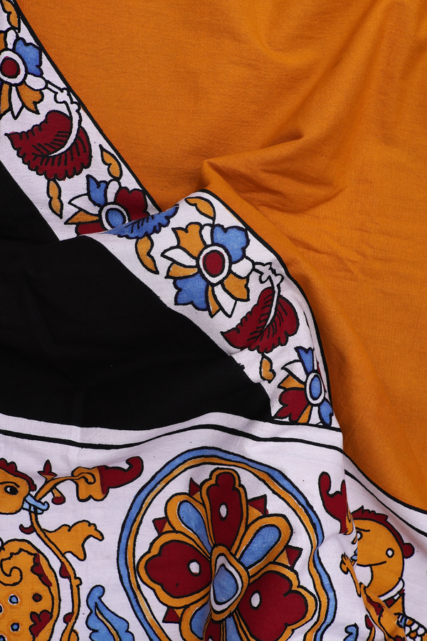 Handloom Cotton Saree In Yellow With Hand Painted Design