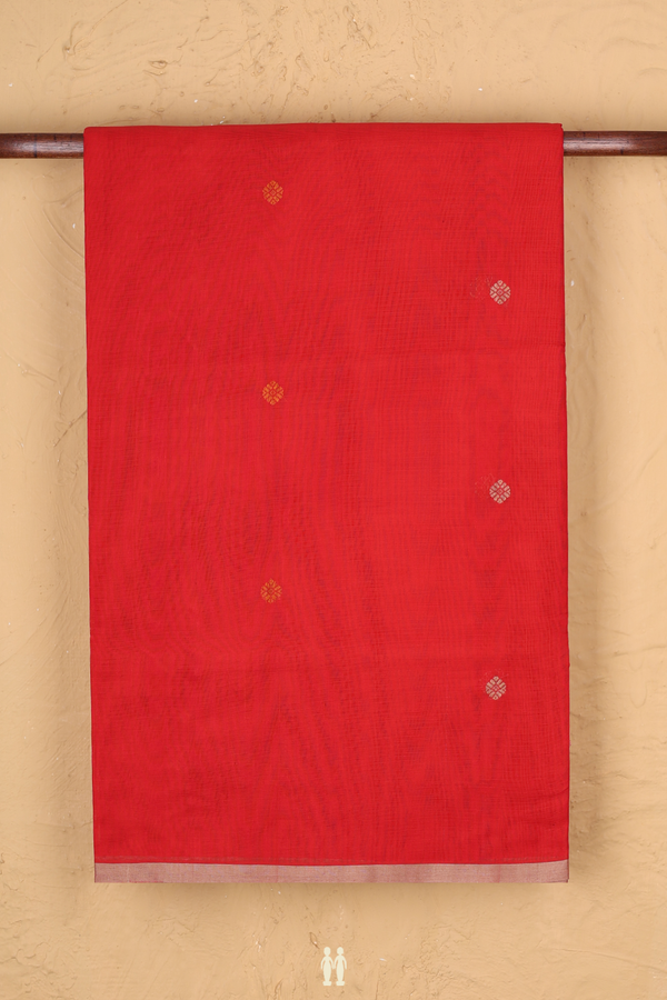 Handloom Cotton Saree Scarlet Red With Threadwork Buttas